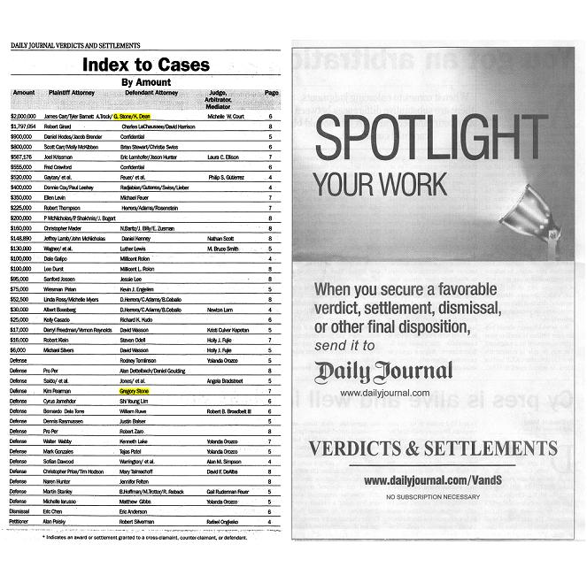 Daily-Journal-Los-Angeles_Verdicts-and-Settlements_Top-Verdicts-Index_Gregory-Stone_Kristi-Dean